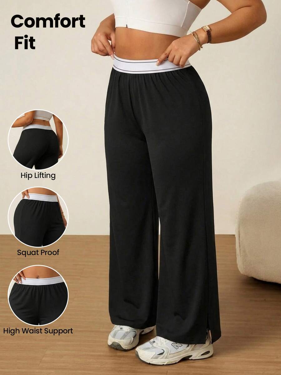 SHEIN Rhythm Era Casual Versatile Black High Elastic Webbing Side Slit Design Comfortable Slimming Plus Size Sports Long Pants Gym Summer - Black - View 1