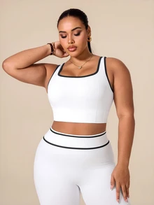 SHEIN Rhythm Era 女款大尺碼 U 領無縫螺紋修身露背高彈力純色瑜伽健身背心 白色 - 白色 - 查看 3