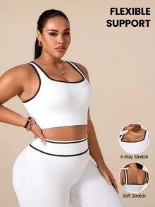 SHEIN Rhythm Era 女款大尺碼 U 領無縫螺紋修身露背高彈力純色瑜伽健身背心 白色 - 白色 - 查看 1