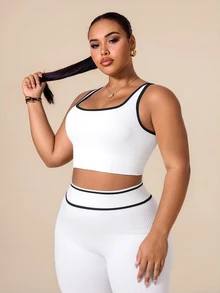 SHEIN Rhythm Era 女款大尺碼 U 領無縫螺紋修身露背高彈力純色瑜伽健身背心 白色 - 白色 - 查看 4