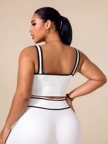 SHEIN Rhythm Era 女款大尺碼 U 領無縫螺紋修身露背高彈力純色瑜伽健身背心 白色 - 白色 - 查看 2