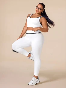 SHEIN Rhythm Era 女款大尺碼 U 領無縫螺紋修身露背高彈力純色瑜伽健身背心 白色 - 白色 - 查看 6