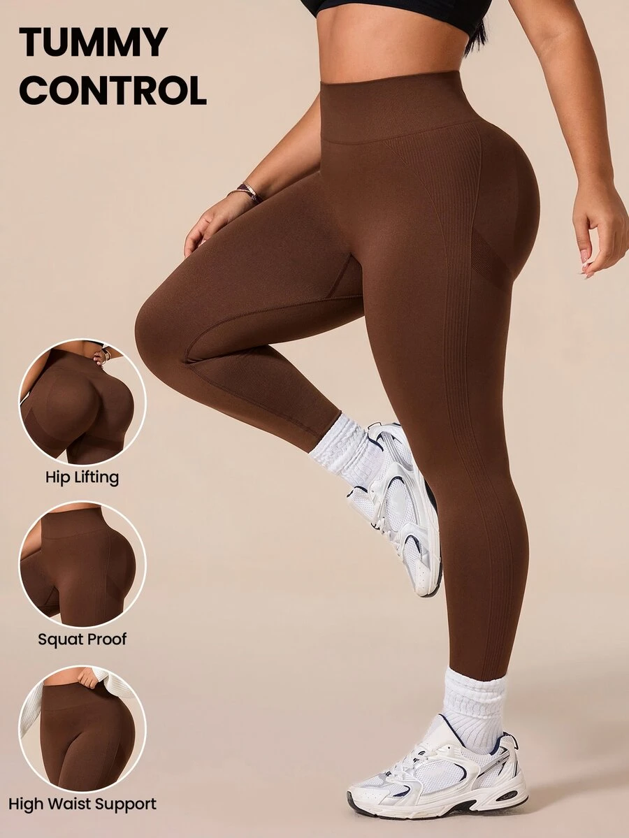 SHEIN Rhythm Era Women's Plus Size Solid Color High Waist Seamless Sports Leggings - Brown - View 1