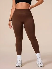 SHEIN Rhythm Era Women's Plus Size Solid Color High Waist Seamless Sports Leggings - Brown - View 4