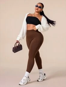 SHEIN Rhythm Era Women's Plus Size Solid Color High Waist Seamless Sports Leggings - Brown - View 5