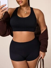 SHEIN Rhythm Era Plus Size Women's Solid Color Criss-Cross Back Daily Fitness Sports Bra Gym Sports Black Summer Pilates Gym - Black - View 6