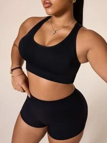 SHEIN Rhythm Era Plus Size Women's Solid Color Criss-Cross Back Daily Fitness Sports Bra Gym Sports Black Summer Pilates Gym - Black - View 2