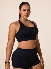 SHEIN Rhythm Era Plus Size Women's Solid Color Criss-Cross Back Daily Fitness Sports Bra Gym Sports Black Summer Pilates Gym - Black - View 4