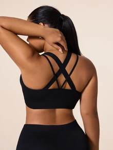 SHEIN Rhythm Era Plus Size Women's Solid Color Criss-Cross Back Daily Fitness Sports Bra Gym Sports Black Summer Pilates Gym - Black - View 3