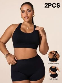 SHEIN Rhythm Era Plus Size Women's Solid Color Criss-Cross Back Daily Fitness Sports Bra Gym Sports Black Summer Pilates Gym - Black - View 1