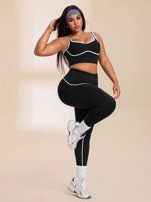 SHEIN Rhythm Era 2pcs Women's Plus Size Seamless Tight U-Neck Backless Sports Bra Tank Top And High Waist Tight Colorblock Butt Lifting Workout Leggings 2-Piece Set - Black - View 6