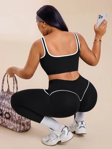 SHEIN Rhythm Era 2pcs Women's Plus Size Seamless Tight U-Neck Backless Sports Bra Tank Top And High Waist Tight Colorblock Butt Lifting Workout Leggings 2-Piece Set - Black - View 2
