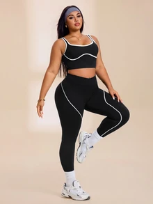 SHEIN Rhythm Era 2pcs Women's Plus Size Seamless Tight U-Neck Backless Sports Bra Tank Top And High Waist Tight Colorblock Butt Lifting Workout Leggings 2-Piece Set - Black - View 7