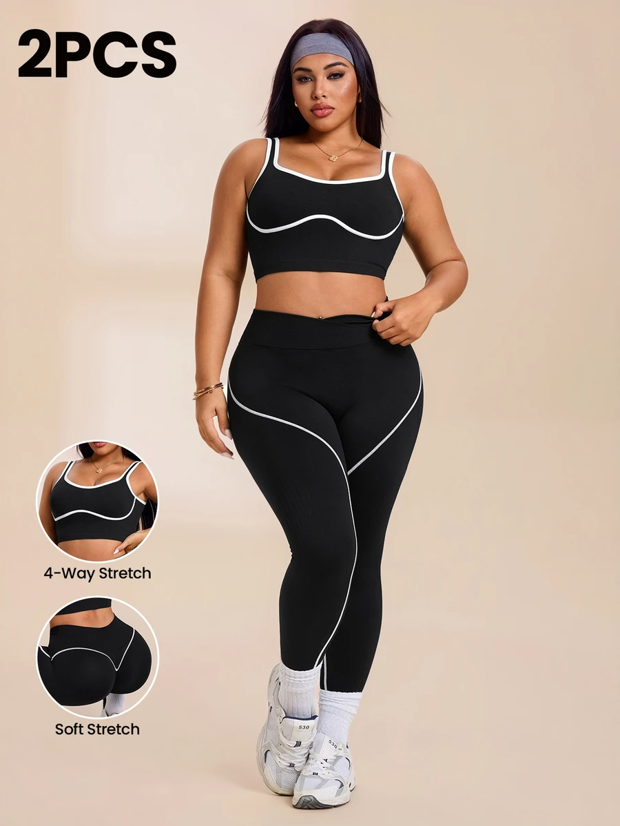 SHEIN Rhythm Era 2pcs Women's Plus Size Seamless Tight U-Neck Backless Sports Bra Tank Top And High Waist Tight Colorblock Butt Lifting Workout Leggings 2-Piece Set - Black - View 1