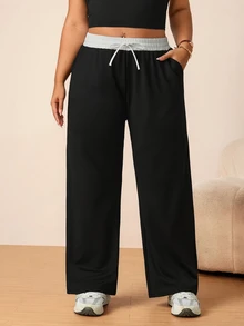 SHEIN Rhythm Era Plus Size Women's Colorblock Waist Tie Pocket Straight Leg Loose Fit Sports Pants - Black - View 3
