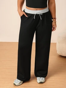 SHEIN Rhythm Era Plus Size Women's Colorblock Waist Tie Pocket Straight Leg Loose Fit Sports Pants - Black - View 6