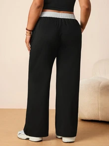 SHEIN Rhythm Era Plus Size Women's Colorblock Waist Tie Pocket Straight Leg Loose Fit Sports Pants - Black - View 2