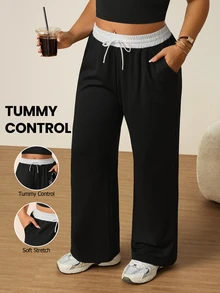 SHEIN Rhythm Era Plus Size Women's Colorblock Waist Tie Pocket Straight Leg Loose Fit Sports Pants - Black - View 1