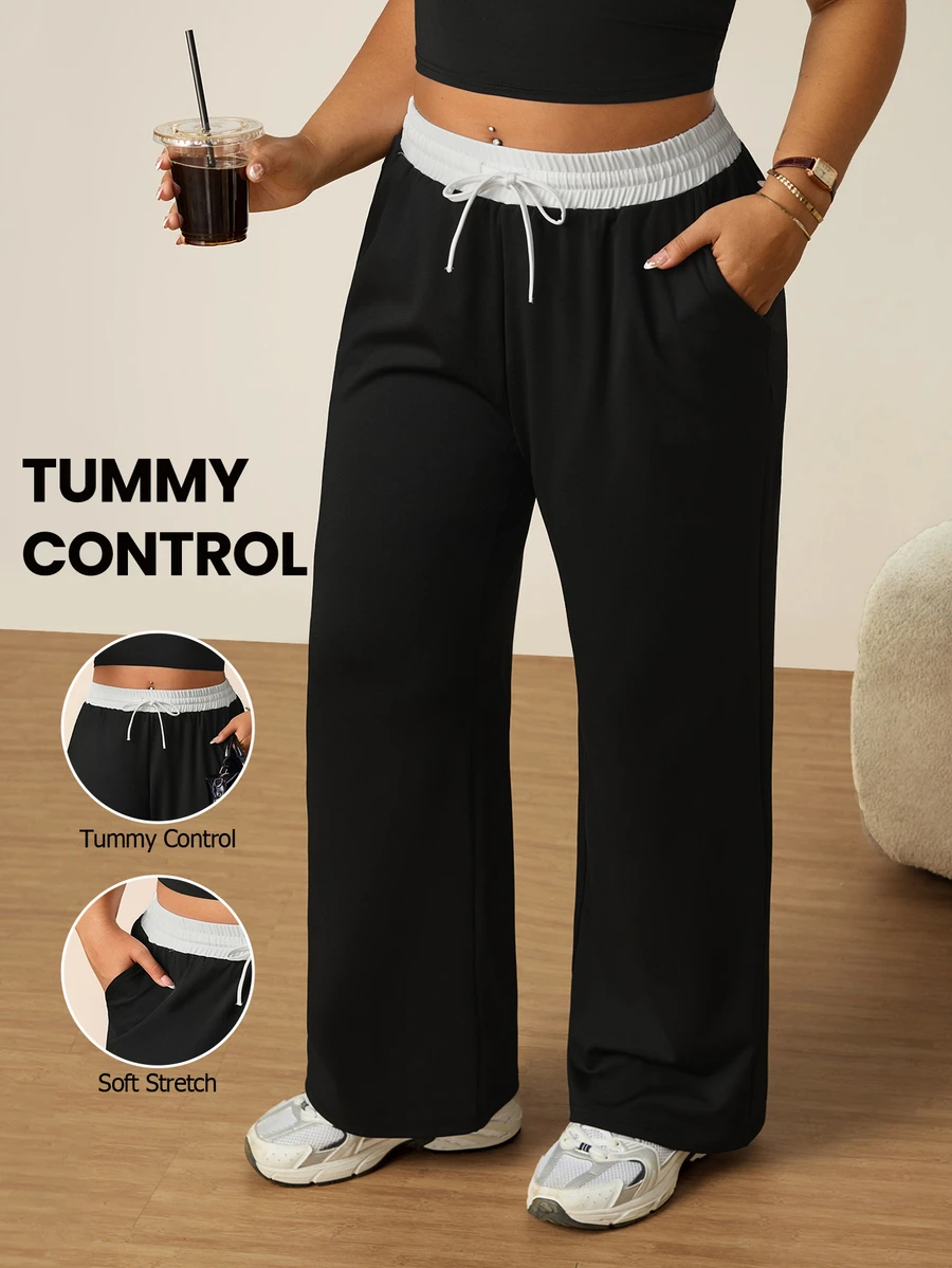 SHEIN Rhythm Era Plus Size Women's Colorblock Waist Tie Pocket Straight Leg Loose Fit Sports Pants - Black - View 1