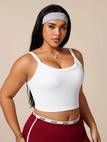 SHEIN Rhythm Era Plus Size White Curved Hem Sports T-Shirt Fitness Ribbed Shoulder Strap Top U-Neck Racerback Sports Tank Top Gym Sports Summer - White - View 4