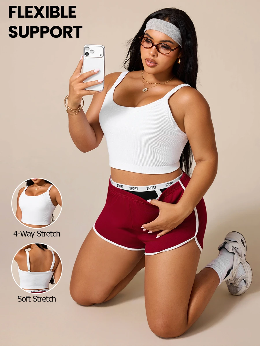 SHEIN Rhythm Era Plus Size White Curved Hem Sports T-Shirt Fitness Ribbed Shoulder Strap Top U-Neck Racerback Sports Tank Top Gym Sports Summer - White - View 1