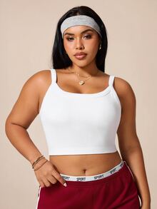 SHEIN Rhythm Era Plus Size White Curved Hem Sports T-Shirt Fitness Ribbed Shoulder Strap Top U-Neck Racerback Sports Tank Top Gym Sports Summer - White - View 3