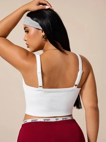 SHEIN Rhythm Era Plus Size White Curved Hem Sports T-Shirt Fitness Ribbed Shoulder Strap Top U-Neck Racerback Sports Tank Top Gym Sports Summer - White - View 2