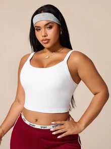 SHEIN Rhythm Era Plus Size White Curved Hem Sports T-Shirt Fitness Ribbed Shoulder Strap Top U-Neck Racerback Sports Tank Top Gym Sports Summer - White - View 5