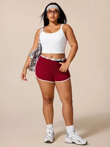 SHEIN Rhythm Era Plus Size White Curved Hem Sports T-Shirt Fitness Ribbed Shoulder Strap Top U-Neck Racerback Sports Tank Top Gym Sports Summer - White - View 6