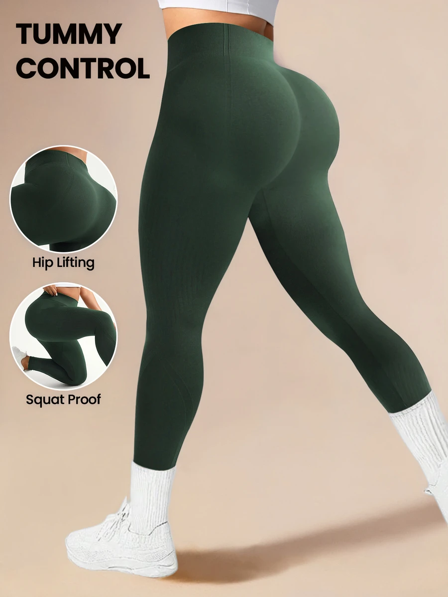 Rhythm Era Plus Size Solid Color High Waist Seamless Sports Leggings Gym Sports Dark Green Summer - Dark Green - View 1
