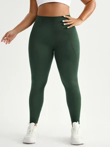 Rhythm Era Plus Size Solid Color High Waist Seamless Sports Leggings Gym Sports Dark Green Summer - Dark Green - View 3