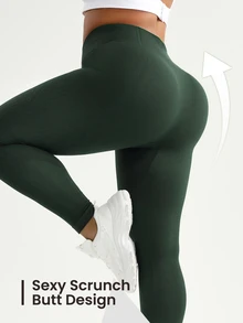 Rhythm Era Plus Size Solid Color High Waist Seamless Sports Leggings Gym Sports Dark Green Summer - Dark Green - View 4