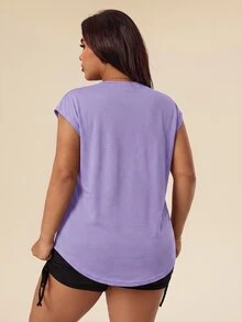 SHEIN Rhythm Era Women's Plus Size Solid Color Crew Neck Daily Fitness Sports T-Shirt Gym Dark Purple Summer - Mauve Purple - View 2