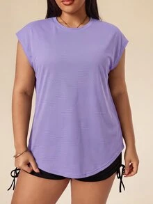 SHEIN Rhythm Era Women's Plus Size Solid Color Crew Neck Daily Fitness Sports T-Shirt Gym Dark Purple Summer - Mauve Purple - View 3