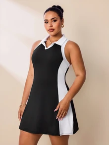 SHEIN Rhythm Era 大码女式夏季撞色V领露背收腰无袖运动连衣裙 - 黑與白 - 查看 3