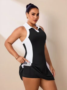 SHEIN Rhythm Era 大码女式夏季撞色V领露背收腰无袖运动连衣裙 - 黑與白 - 查看 6