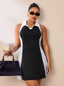 SHEIN Rhythm Era 大码女式夏季撞色V领露背收腰无袖运动连衣裙 - 黑與白 - 查看 5
