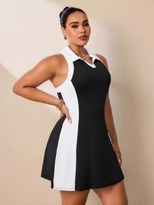 SHEIN Rhythm Era 大码女式夏季撞色V领露背收腰无袖运动连衣裙 - 黑與白 - 查看 4