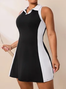 SHEIN Rhythm Era 大码女式夏季撞色V领露背收腰无袖运动连衣裙 - 黑與白 - 查看 7