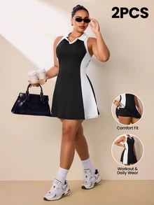 SHEIN Rhythm Era 大码女式夏季撞色V领露背收腰无袖运动连衣裙 - 黑與白 - 查看 1