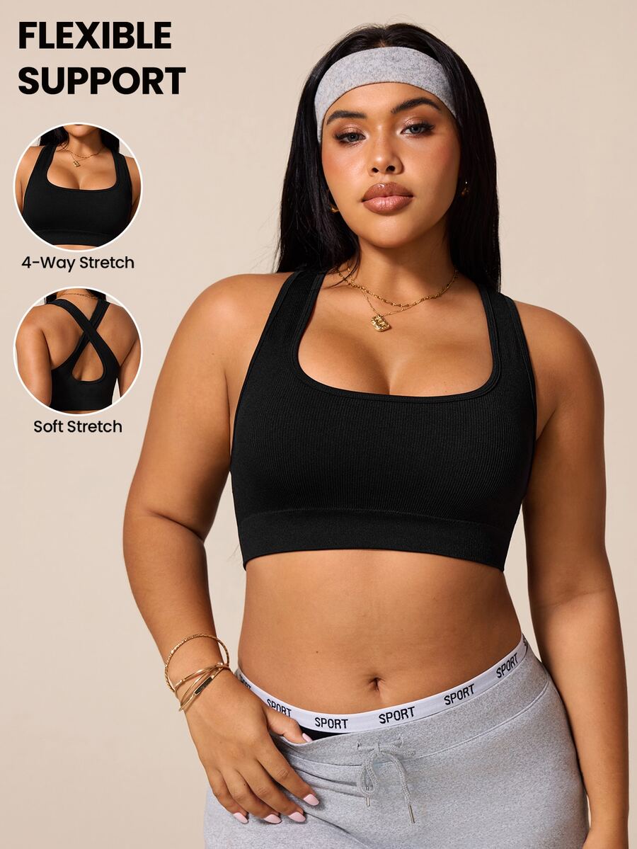 SHEIN Rhythm Era Seamless High Elasticity Plus Size Sports Bra For Women Gym Sports Black Summer - Black - View 1