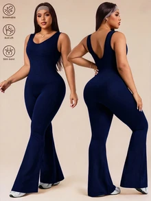 Rhythm Era Mono de mujer de talla grande con mangas sin mangas y corte evasé de unicolor - Azul Marino - Ver 1