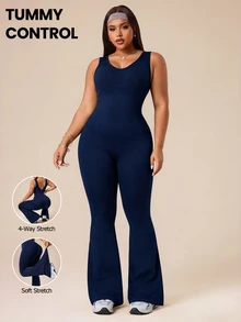 Rhythm Era Mono de mujer de talla grande con mangas sin mangas y corte evasé de unicolor - Azul Marino - Ver 3