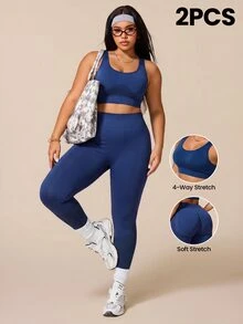 SHEIN Rhythm Era 2pcs Women's Plus Size Seamless Medium Support Racerback Basic Wide Waistband Running Fitness Workout Yoga Sports Bra & Cropped Length Leggings Set - Navy Blue - View 1
