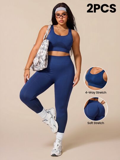 SHEIN Rhythm Era 2pcs Women's Plus Size Seamless Medium Support Racerback Basic Wide Waistband Running Fitness Workout Yoga Sports Bra & Cropped Length Leggings Set