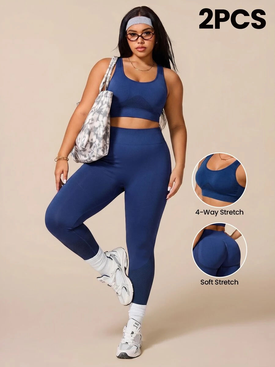 SHEIN Rhythm Era 2pcs Women's Plus Size Seamless Medium Support Racerback Basic Wide Waistband Running Fitness Workout Yoga Sports Bra & Cropped Length Leggings Set - Navy Blue - View 1