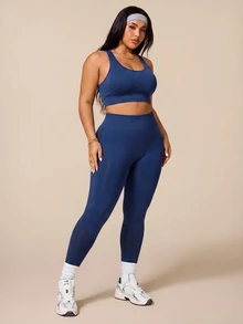 SHEIN Rhythm Era 2pcs Women's Plus Size Seamless Medium Support Racerback Basic Wide Waistband Running Fitness Workout Yoga Sports Bra & Cropped Length Leggings Set - Navy Blue - View 3