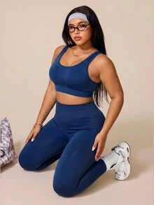 SHEIN Rhythm Era 2pcs Women's Plus Size Seamless Medium Support Racerback Basic Wide Waistband Running Fitness Workout Yoga Sports Bra & Cropped Length Leggings Set - Navy Blue - View 5