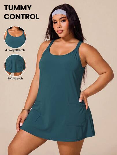 SHEIN Rhythm Era Women's Plus Size Solid Color Casual Daily Summer Sports Dress Gym Active Teal