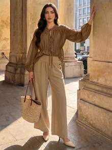 SHEIN Clasi Women's V-Neck Tie Long Sleeve Blouse Vacation Shades Of Brown Fall Casual Boho - Brown - View 5